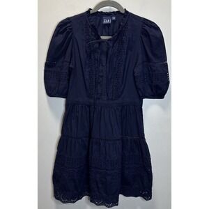 Gap Dress Women's XS Navy Blue Puff Sleeve Lace Accents Separate Slip Lining